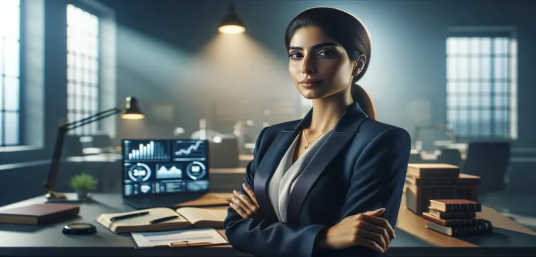 Imagem hiper-realista mostrando um profissional confiante em um escritório moderno desfocado, simbolizando os aspectos jurídicos e a prevenção eficaz de Acidente de Trabalho.