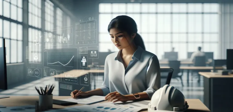 Imagem hiper-realista mostrando um profissional em escritório moderno e neutro, simbolizando cultura de segurança no trabalho e impactos fiscais relacionados a Acidente de Trabalho, com detalhes sutis de gráficos financeiros e equipamentos de segurança.