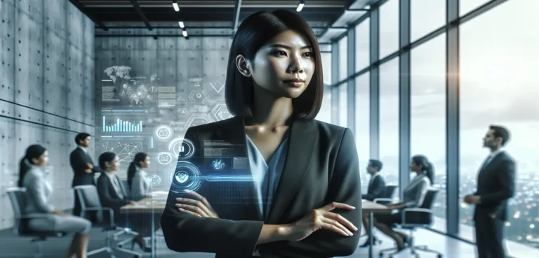 Imagem hiper-realista mostrando um executivo profissional em escritório corporativo moderno e neutro, simbolizando governança corporativa e prevenção sistêmica de Acidente de Trabalho, com elementos visuais sutis de liderança e segurança.