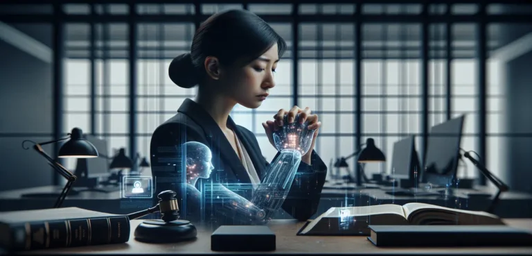 Imagem hiper-realista de um trabalhador profissional em escritório moderno e neutro, simbolizando jurisprudência, inteligência artificial e reabilitação duradoura no contexto de Acidente de Trabalho, com elementos tecnológicos e legais sutis.