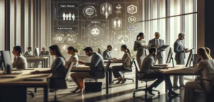 Imagem hiper-realista mostrando um grupo diverso de trabalhadores profissionais em escritório moderno e neutro, simbolizando políticas públicas, práticas ESG e inclusão social na prevenção de Acidente de Trabalho, com elementos sutis de sustentabilidade e governança.