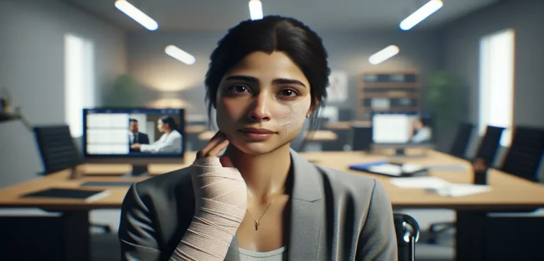 Imagem hiper-realista de um trabalhador profissional em um escritório moderno desfocado, transmitindo esperança e suporte legal após um Acidente de Trabalho, com elementos que representam processos, provas e reintegração.