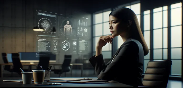 Imagem hiper-realista mostrando um trabalhador profissional em escritório moderno e neutro, transmitindo responsabilidades, seguros e impactos ampliados relacionados a Acidente de Trabalho, com elementos de tecnologia e documentos presentes.